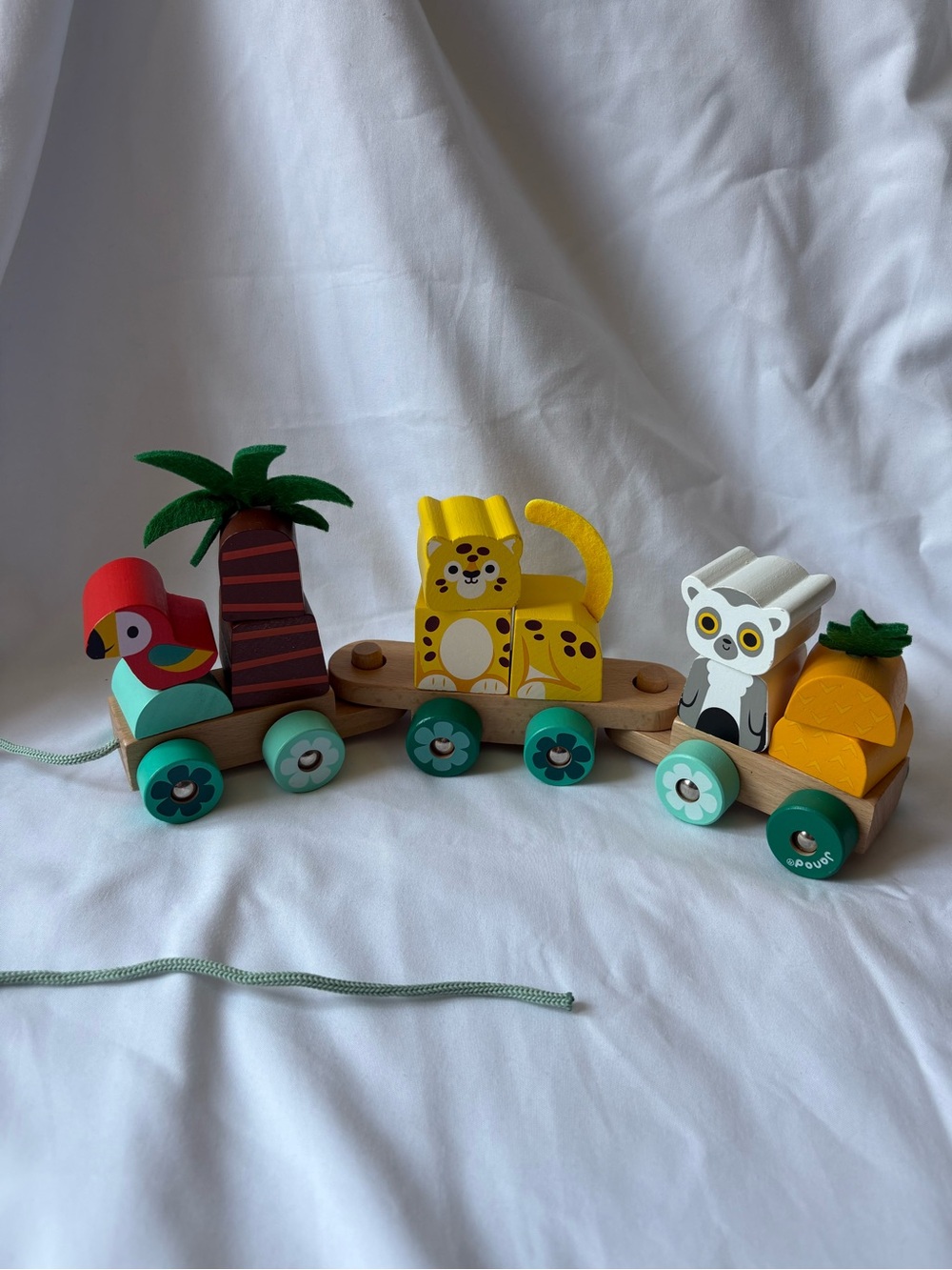 Janod Wooden Jungle Animal Pull-Along Train — Yellow, Green, Turquoise